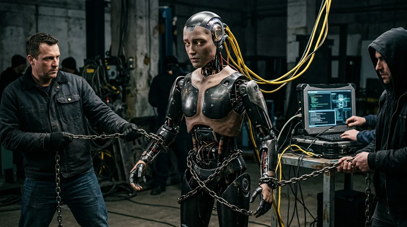 Abstrakte Darstellung der Grenzen künstlicher Intelligenz mit menschlichen und maschinellen Elementen