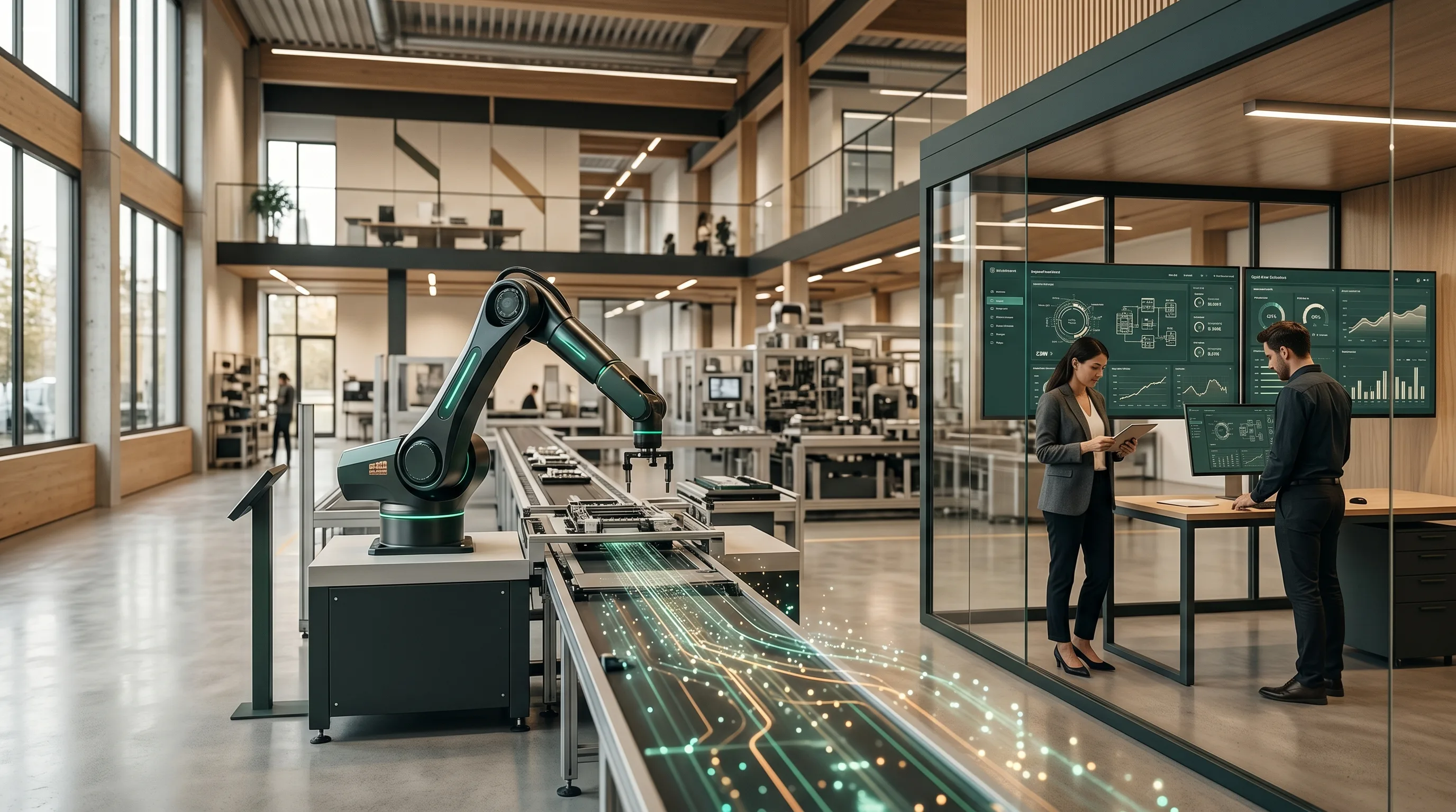 KI-Automatisierung im Mittelstand: Moderne Produktionsumgebung mit KI-gesteuerten Prozessen und digitalen Dashboards