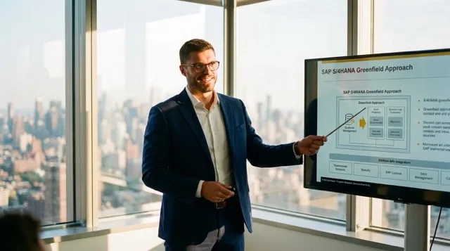 SAP-Berater präsentiert eine S/4HANA Greenfield-Migrationsstrategie vor Kunden in einem modernen Büro mit Skyline-Blick