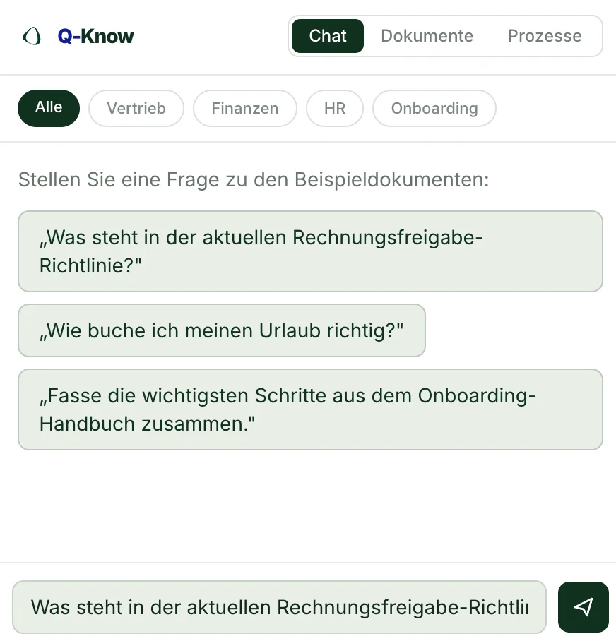Q-Know Chat: Fragen zu internen Dokumenten mit Filtern nach Vertrieb, Finanzen, HR und Onboarding
